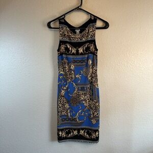 CACHE Dress 2/XS  Stretch Gold Blue Chain Cheetah Greek Key  Classic Cocktail‎